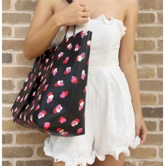 Kate Spade Reversible Flutter Hearts Large Tote Bag Purse Black Red Pink - Picture 1 of 8